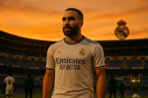 alt_text: Dani Carvajal menghadap senja di Stadion Bernabéu, menandakan momen akhir yang berarti.