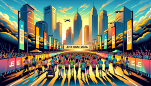 alt_text: Poster Jete Run 2026, acara lari urban, menampilkan pelari, gedung tinggi, dan tanggal acara.