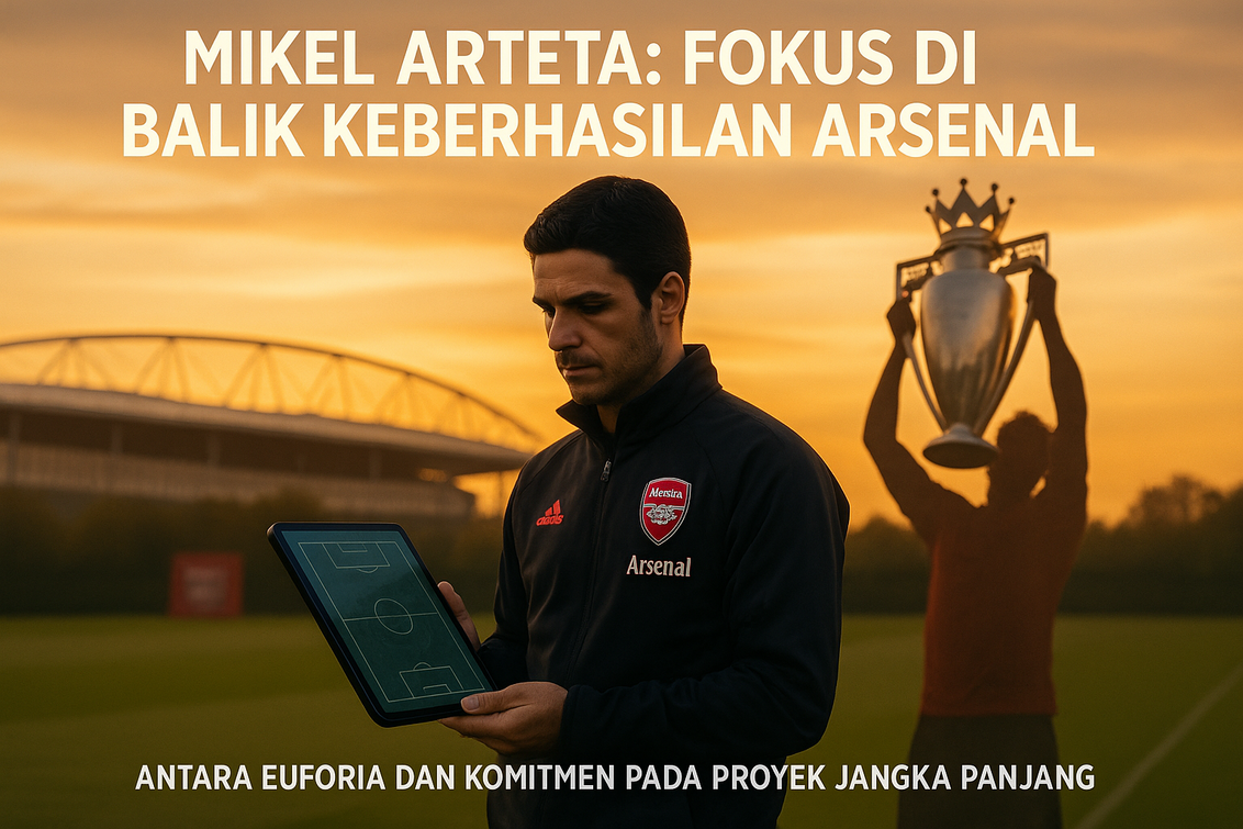 alt_text: Mikel Arteta terlewat momen krusial saat Arsenal meraih trofi juara dalam pertandingan penting.