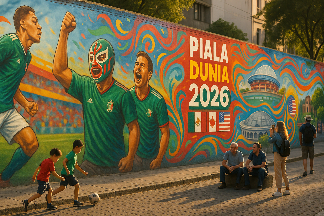 alt_text: Mural besar di Mexico City merayakan Piala Dunia 2026 dengan warna dan motif budaya.