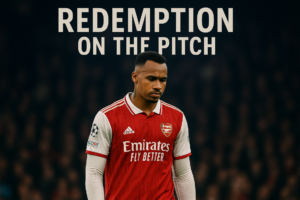 alt_text: Gabriel bersiap mengeksekusi penalti, Luka tampak gelisah di latar saat Arsenal hadapi PSG.