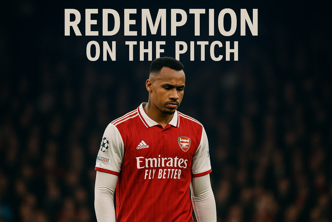 alt_text: Gabriel bersiap mengeksekusi penalti, Luka tampak gelisah di latar saat Arsenal hadapi PSG.