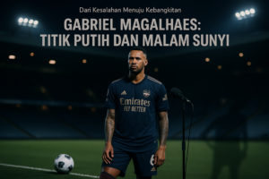 alt_text: Gabriel Magalhaes berdiri tenang di tengah stadion, mencerminkan Arsenal di malam paling sunyi.