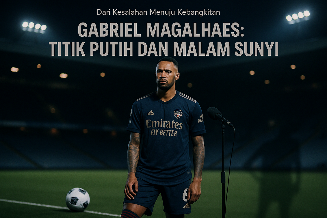 alt_text: Gabriel Magalhaes berdiri tenang di tengah stadion, mencerminkan Arsenal di malam paling sunyi.