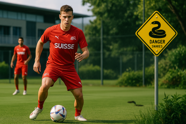 alt_text: Markas Timnas Swiss di Piala Dunia tampak penuh ular, menciptakan suasana unik.