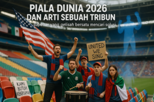 alt_text: Suporter dari berbagai negara bersatu di stadion Piala Dunia 2026 dengan kursi terbelah simbolis.