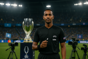 alt_text: Omar Artan merayakan kemenangan kedua di UEFA Super Cup dengan trofi di tangan.